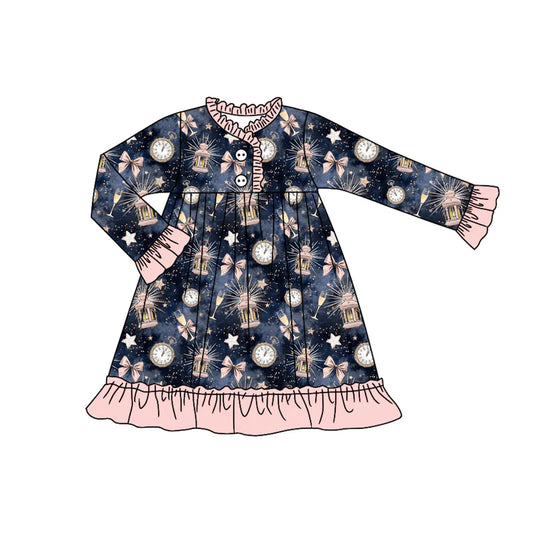 7.21Preorder (moq 5)Baby Girls Long Sleeves Hot Blue Bows Stars Plaid Ruffle Button Knee Length Dress