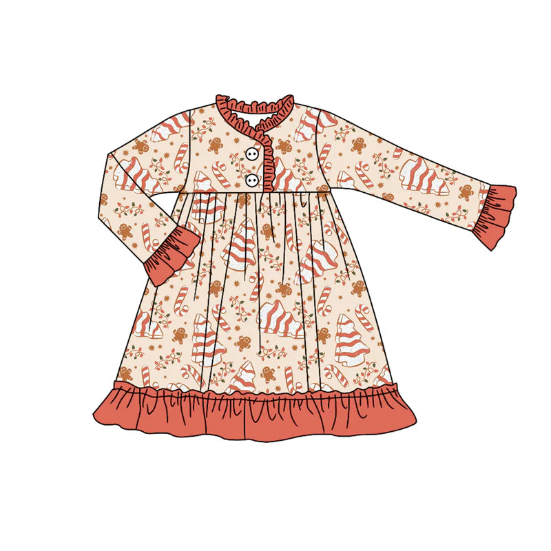 7.10Preorder (moq 5)Baby Girls Long Ruffle Sleeves Candy Cane Trees Button Knee Length Dresses