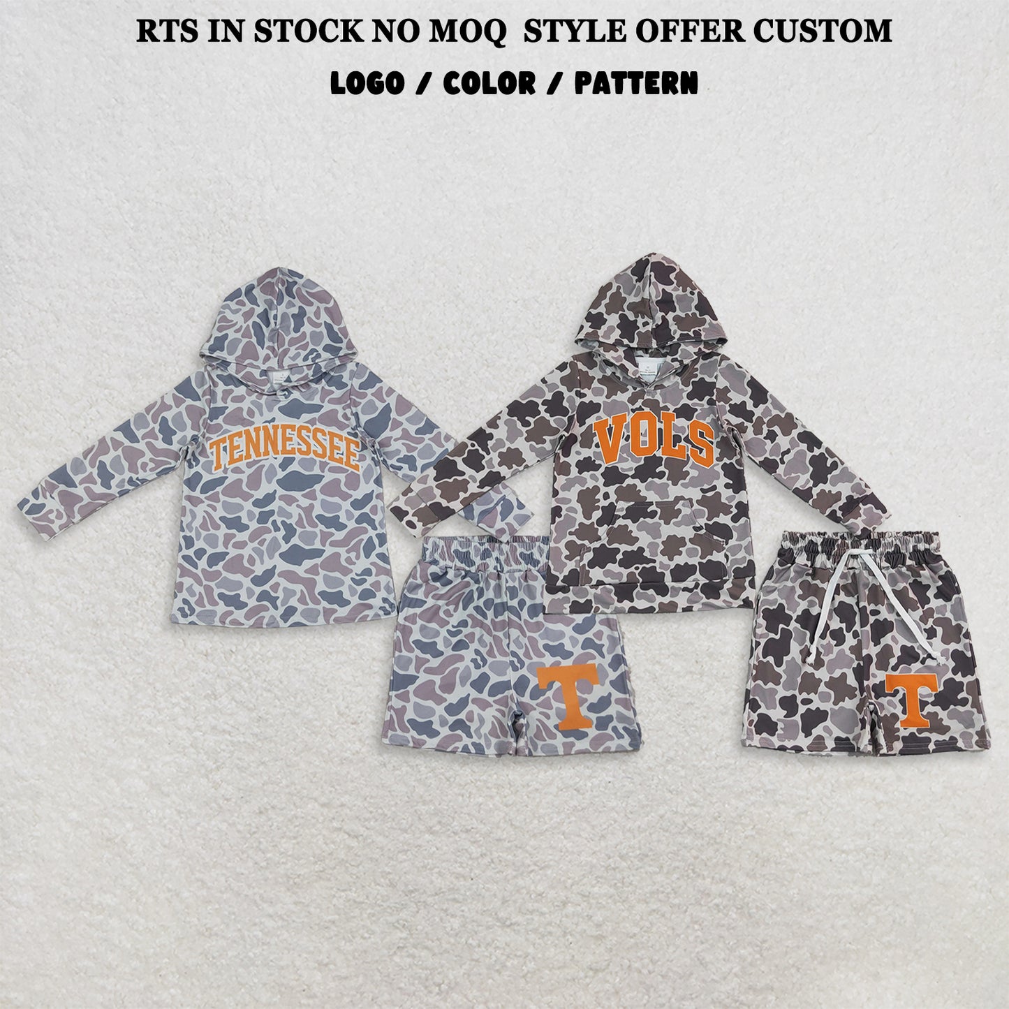 RTS NO MOQ Sibling milk silk Baby Boys Light Grey Camo Hoodie Pockets Shorts Team Clothes Sets