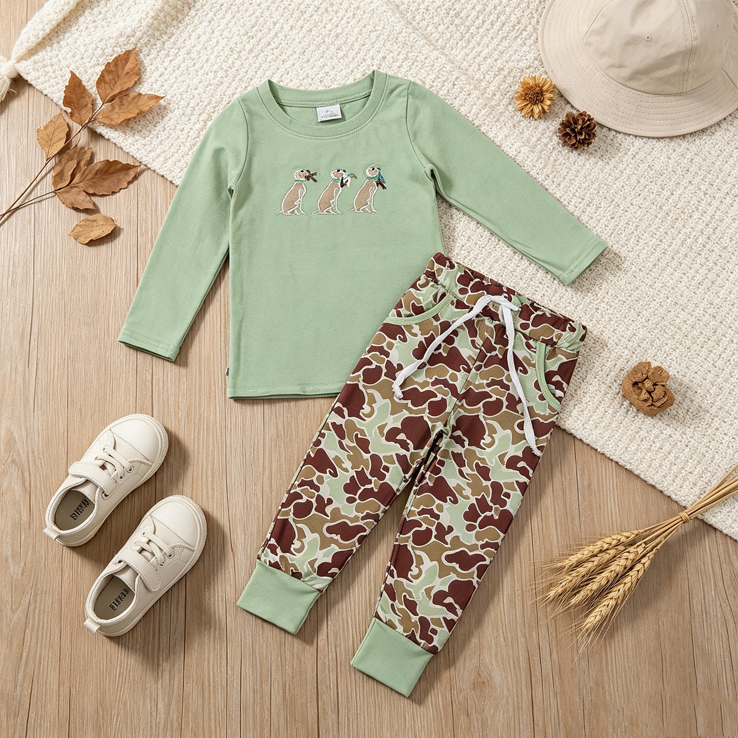 NEW RTS NO MOQ milk silk BLP1492 Embroidery Dogs Ducks Baby Boys Top Camo Pockets Joggers Hunting Clothes Sets