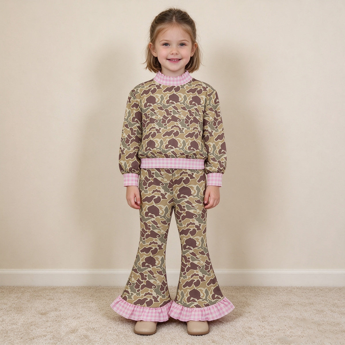 NEW RTS NO MOQ milk silk GLP3735 (GT1841+P1183)Baby Girls Khaki Camo Top Bell Bottom Pant Clothes Set