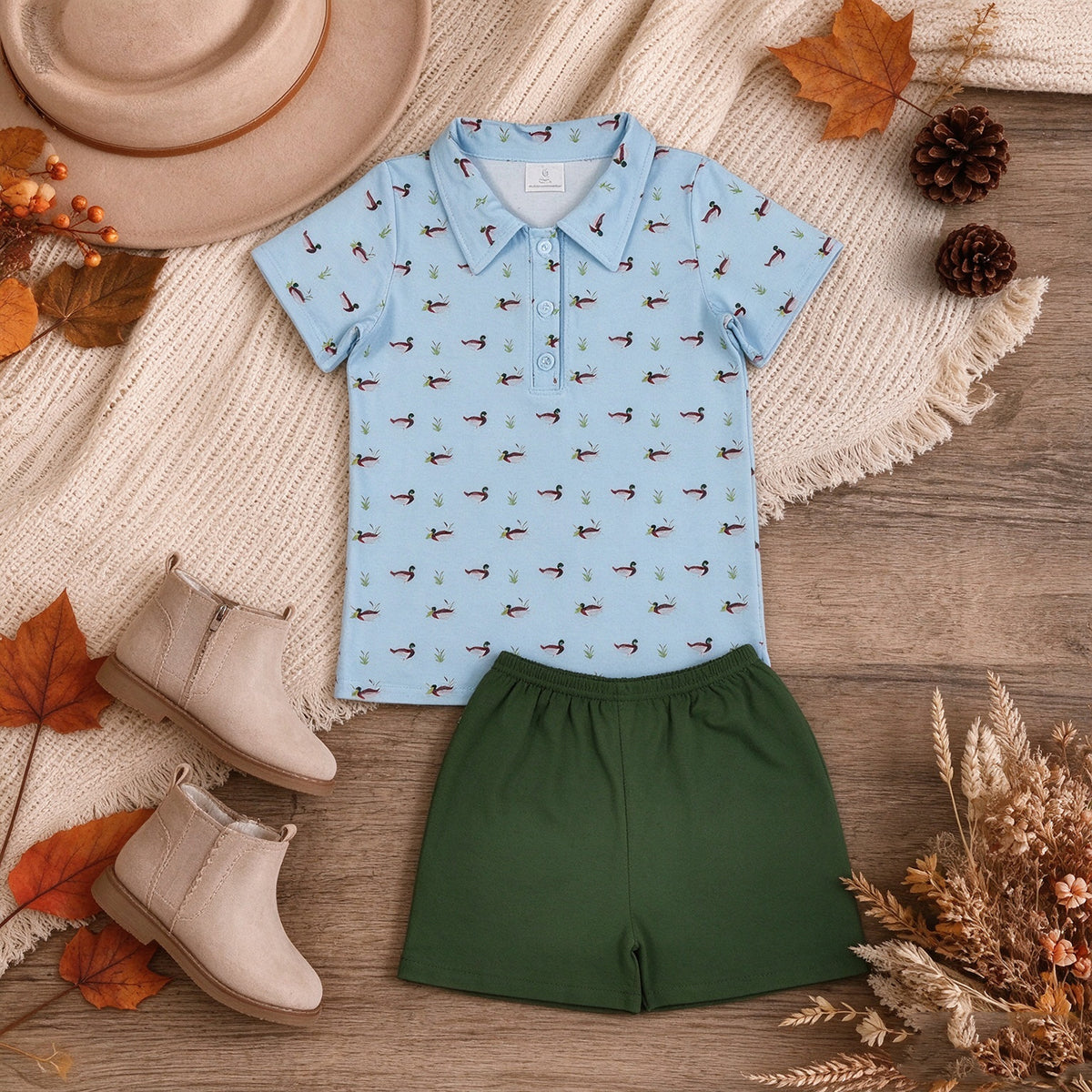 RTS NO MOQ milk silk BSSO2041 Baby Boys Ducks Plaid Button Polo Shirt Top Short Hunting Clothes Set