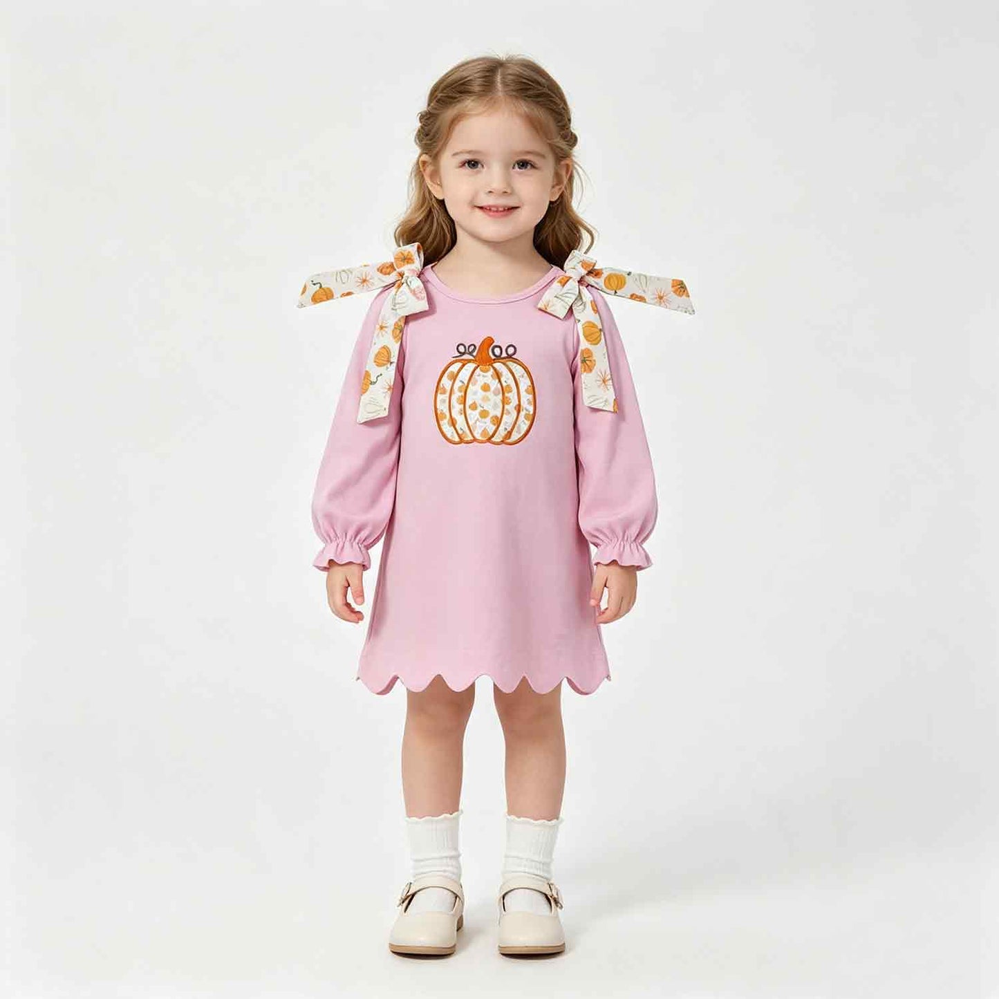 RTS No moq milk silk GLD1642 Embroidery Pumpkins Baby Girls Pink Fall Scallop Knee Length Dresses