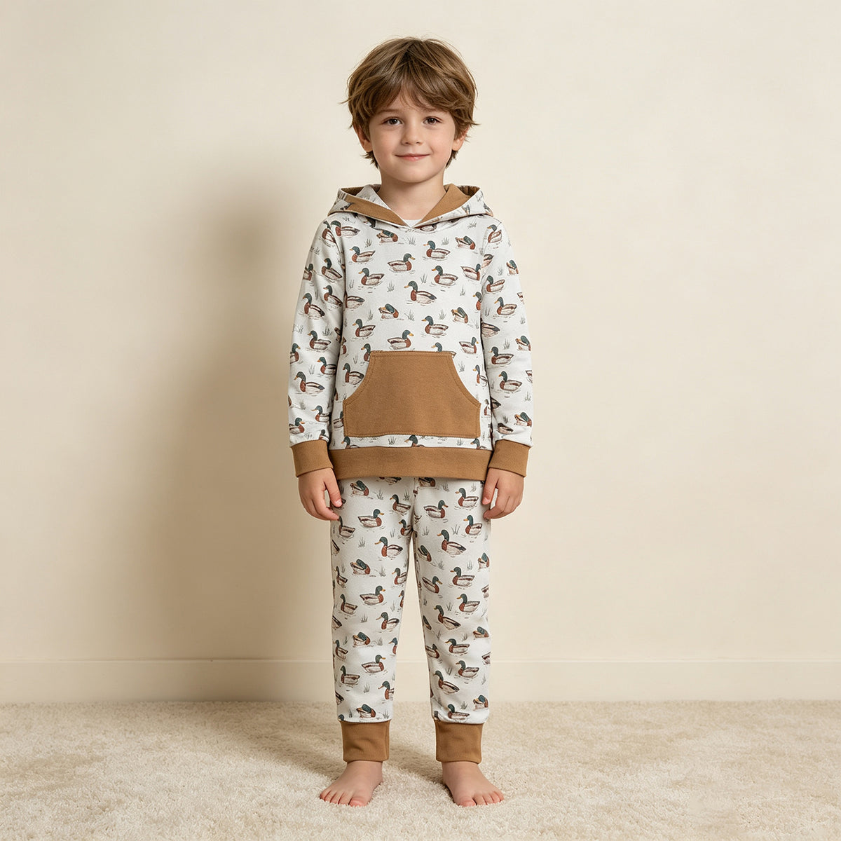 NEW RTS NO MOQ milk silk BLP1510 Baby Boys Ducks Plaid Pocket Hoodie Jogger Pants Hunting Clothes Set
