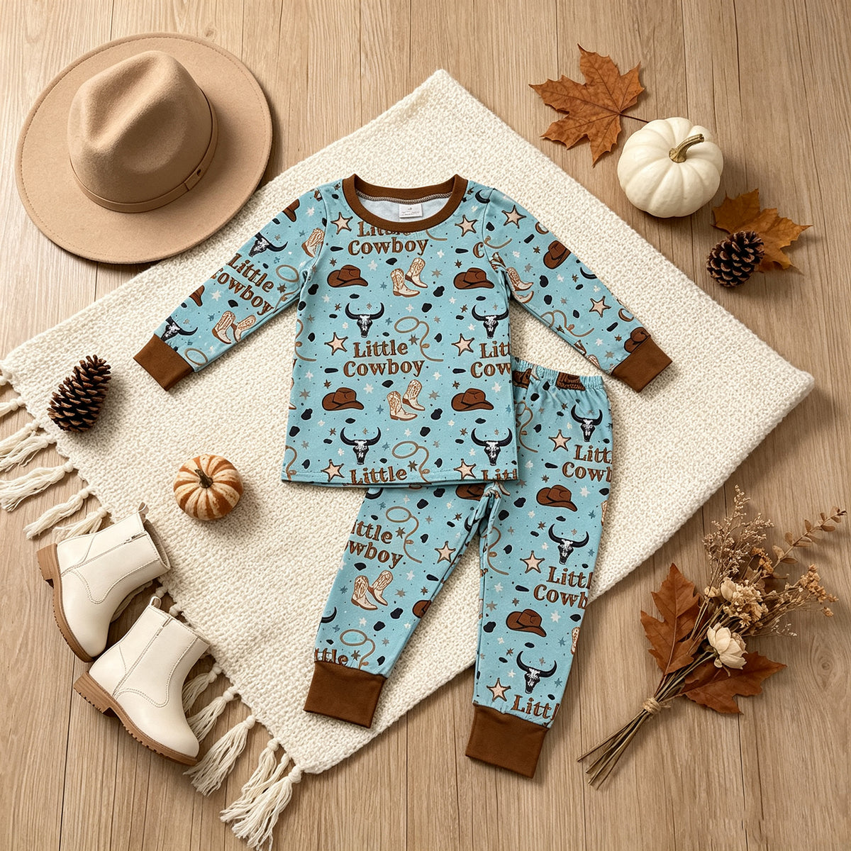 NEW RTS NO MOQ milk silk BLP1485 Baby Boys Little Cowboys Boots Top Pant Western Pajamas Sets