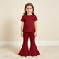 NEW RTS NO MOQ cotton GSPO2344（GT1774+P1082）Baby Girls Maroon Short Sleeve Shirts Top Flare Pant Scallop Sets