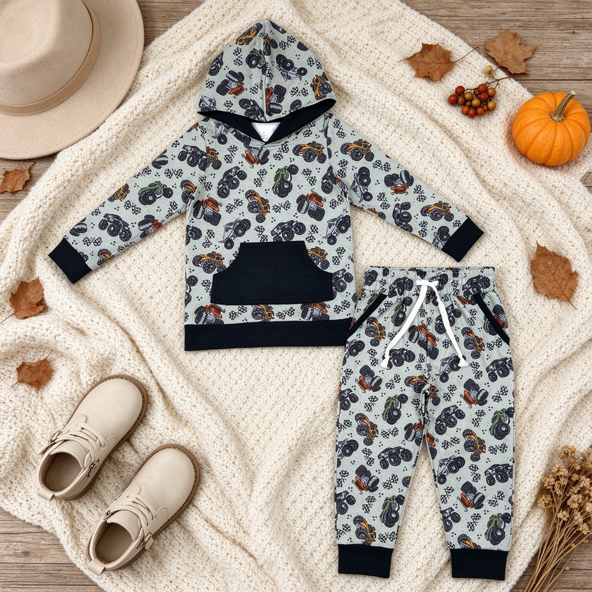 NEW RTS NO MOQ milk silk BLP1511 Baby Boys Flags Motors Pocket Hoodie Jogger Pants Clothes Set