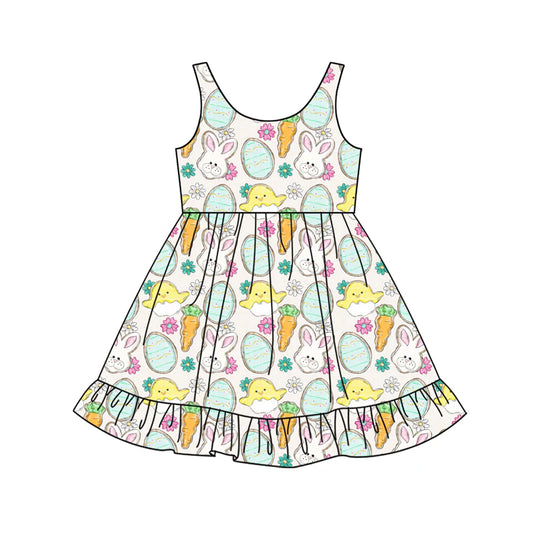 X12.15 Preorder (moq 5)Baby Girls Rabbits Eggs Flowers Easter Ruffle Knee Length Dresses