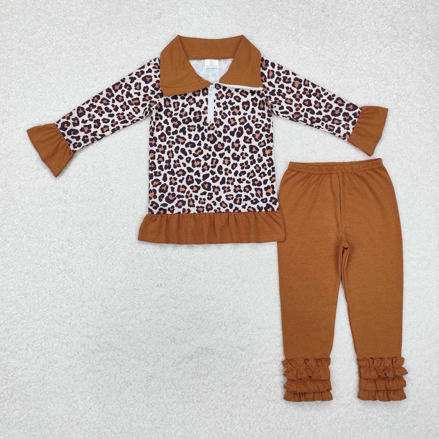 GLP1845 Leopard print brown lace zipper long sleeve trousers set