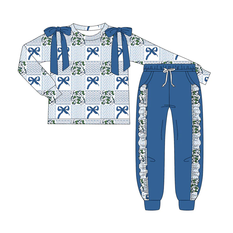 7.9Preorder (moq 5)Baby Girls Long Sleeves Blue Bows Plaid Top Pockets Pant Clothes Set