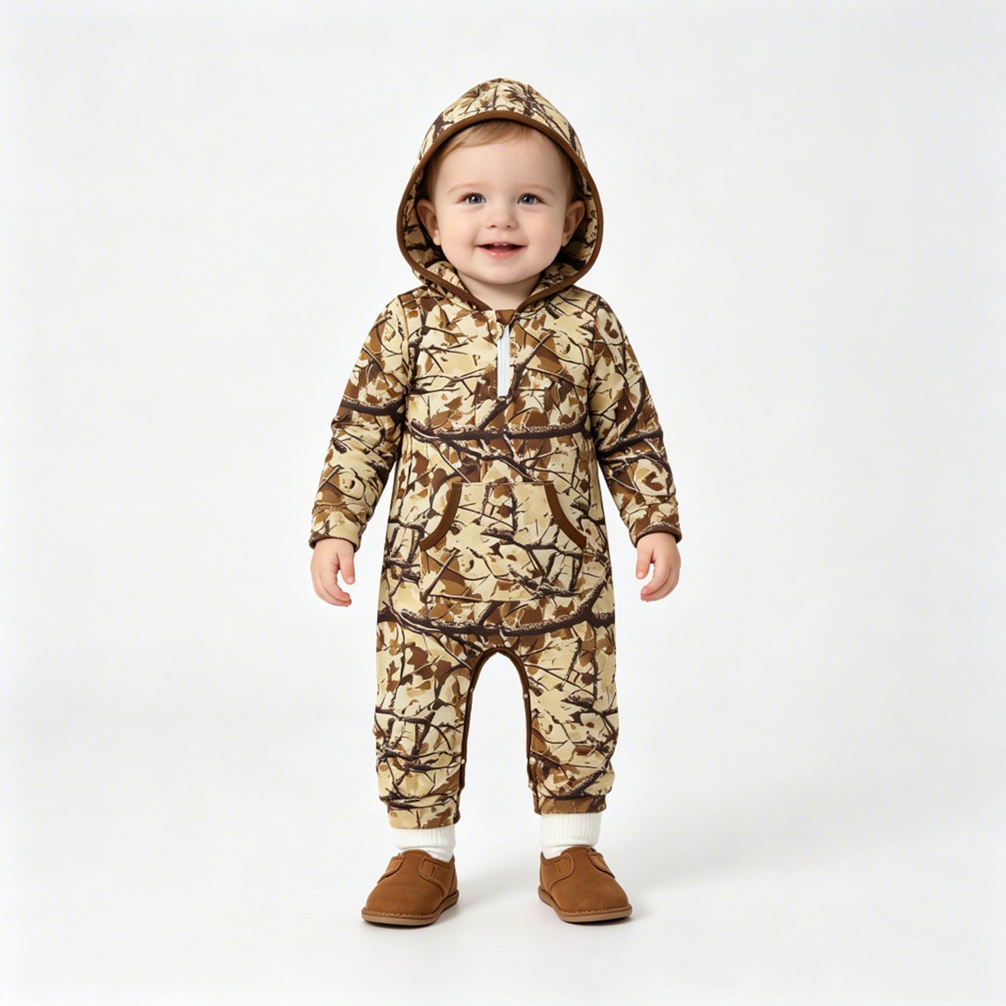 NEW RTS NO MOQ milk silk LR3033 Baby Boys Leaves Camo Half Zip Pockets Pant Fall Hoodie Rompers
