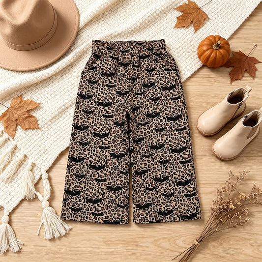 NEW RTS NO MOQ milk silk P1133 Baby Girls Bats Leopard Halloween Pockets Flare Pants Bottom