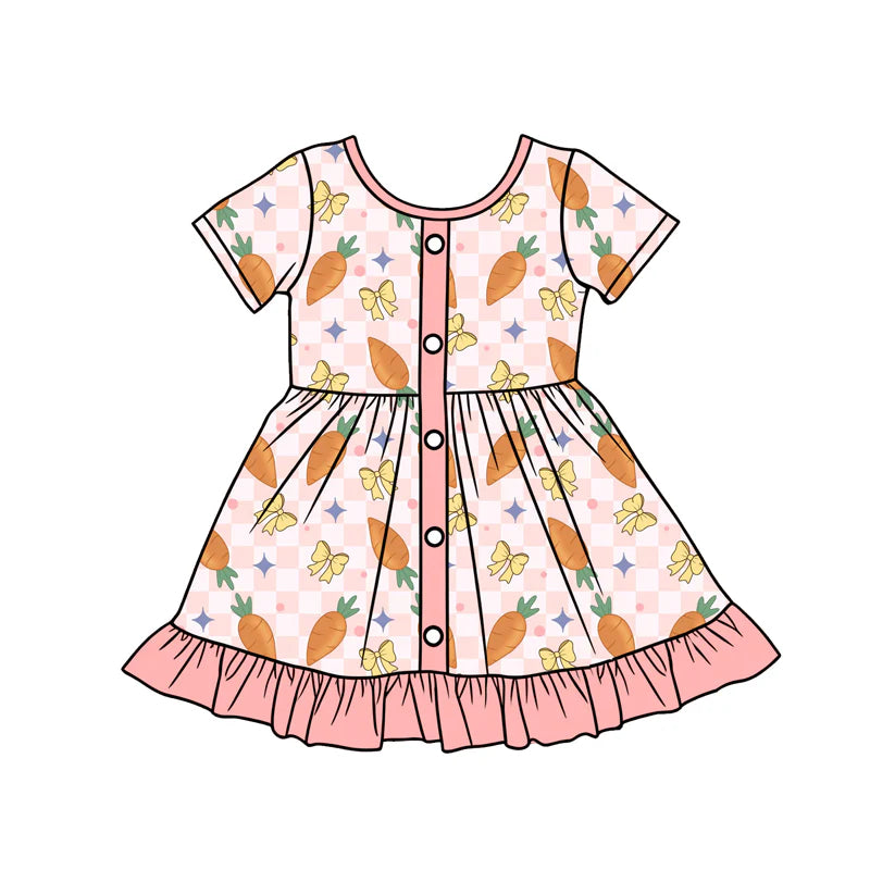 X12.17 Preorder (moq 5)Baby Girls Peach Checked Carrots Bows Button Easter Ruffle Knee Length Dresses