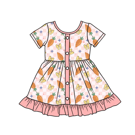 X12.17 Preorder (moq 5)Baby Girls Peach Checked Carrots Bows Button Easter Ruffle Knee Length Dresses