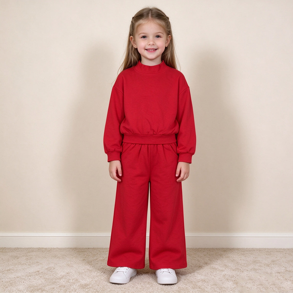 NEW RTS NO MOQ milk silk GLP3412 Baby Girls Red Long Sleeve Choker Top Pockets Flare Pant Fall Pajamas Clothes Sets