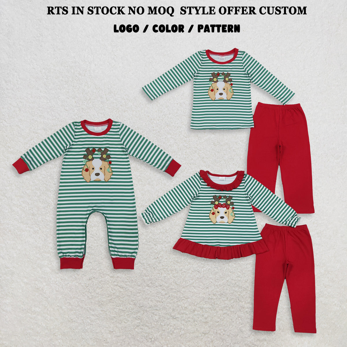 RTS NO MOQ Sibling milk silk Embroidery Lights Dogs Baby Boys And Girls Green Stripe Top Pants Christmas Clothes Sets Rompers