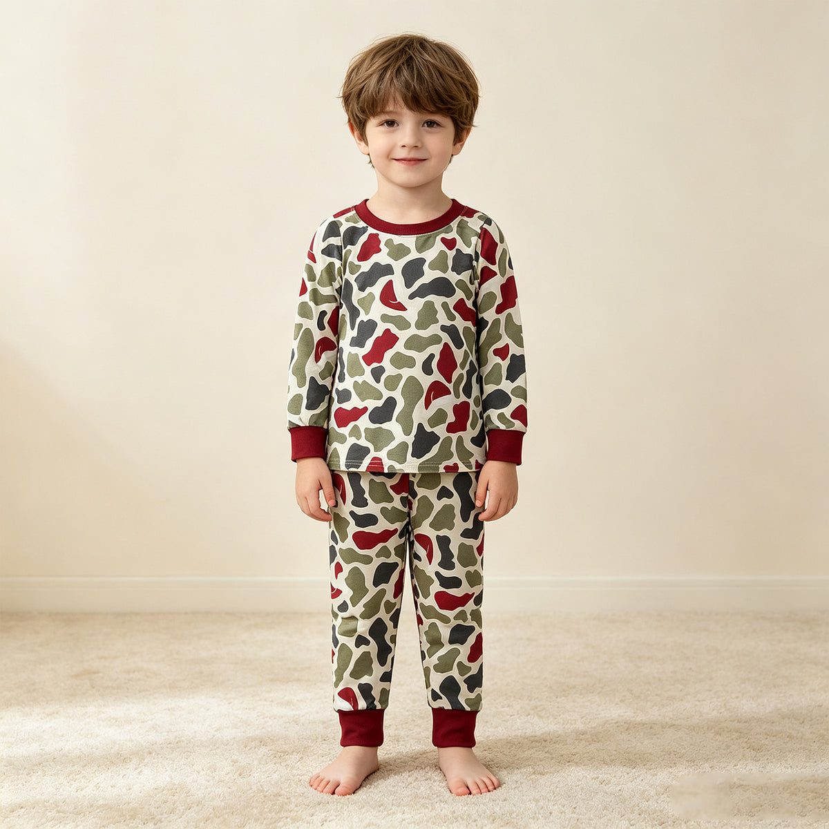 NEW RTS NO MOQ milk silk BLP1496 Baby Boys Green Red Camo Top Pant Christmas Pajamas Sets