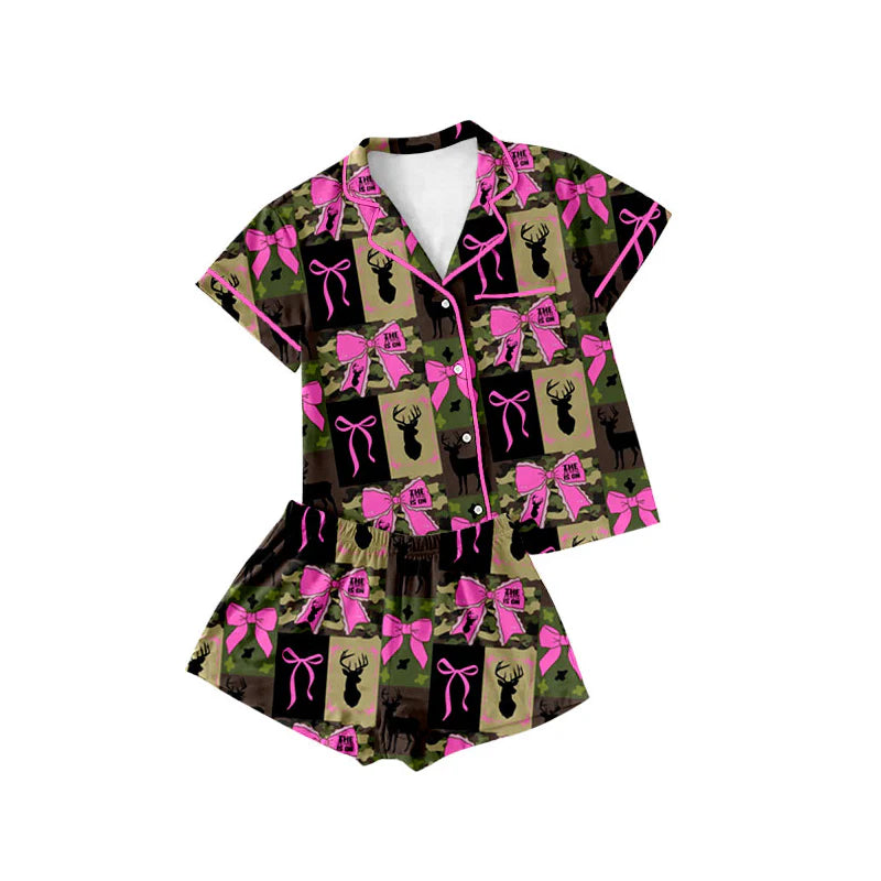 X1.13 Preorder (moq 5)Baby Girls Camo Deer Checked Bows Button Pocket Top Shorts Hunting Pajamas Sets