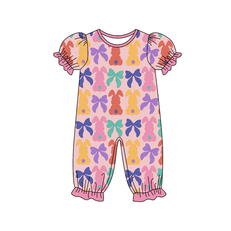 X923Preorder (moq 5)Baby Girls Colorful Bows Rabbits Easter Ruffle Footie Rompers
