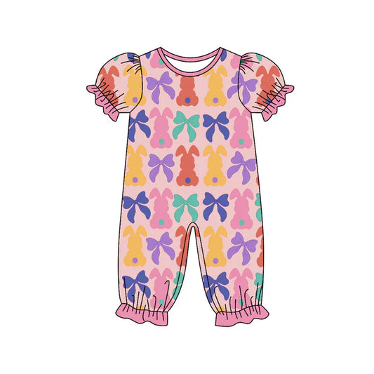 X923Preorder (moq 5)Baby Girls Colorful Bows Rabbits Easter Ruffle Footie Rompers