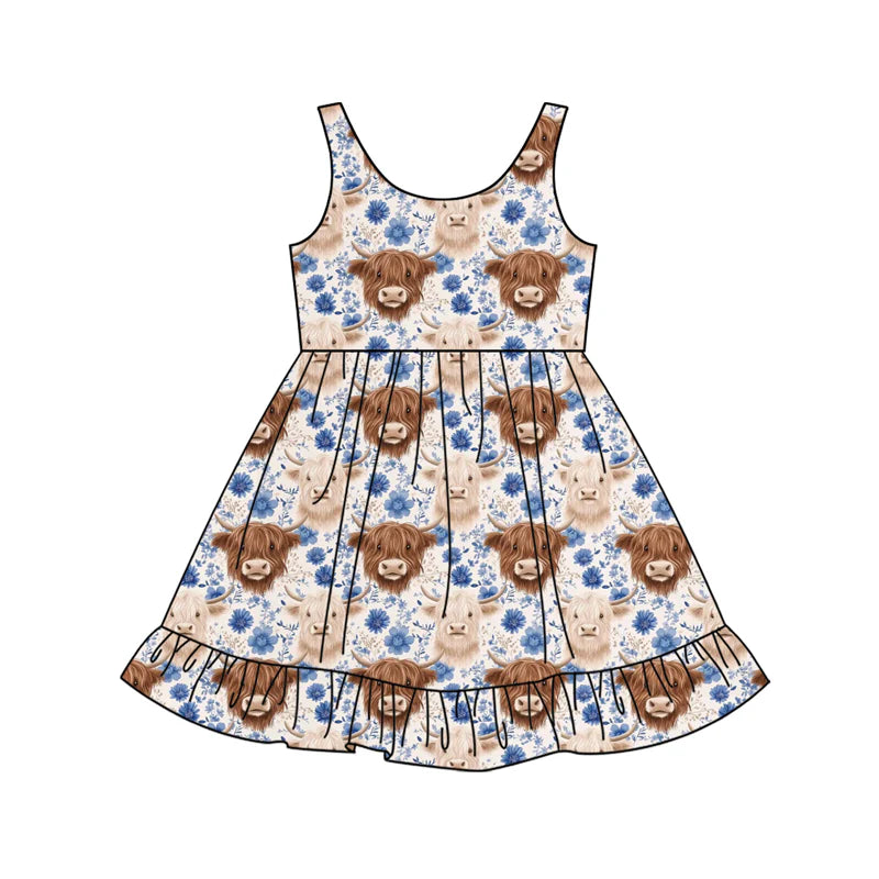 X12.15 Preorder (moq 5)Baby Girls Flowers Highland Cows Western Ruffle Knee Length Dresses