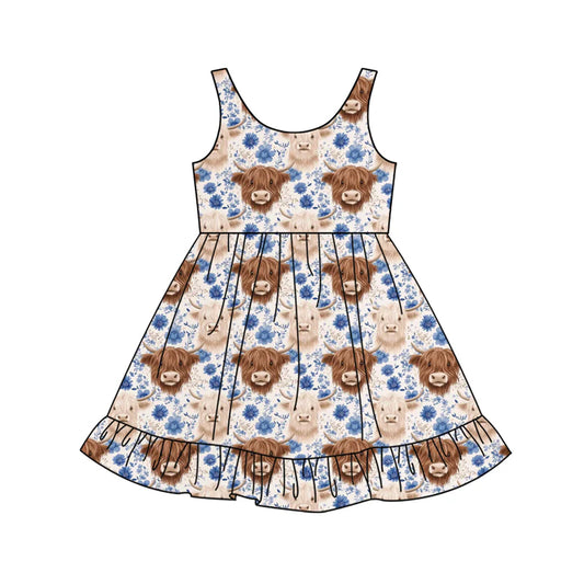 X12.15 Preorder (moq 5)Baby Girls Flowers Highland Cows Western Ruffle Knee Length Dresses