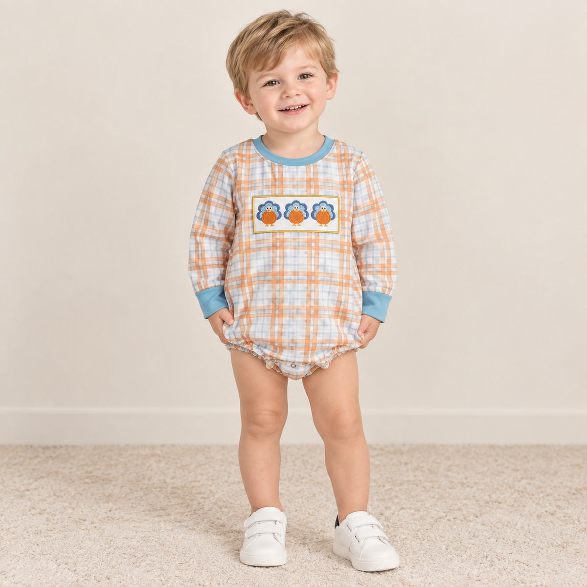NEW RTS NO MOQ milk silk LR3138 Embroidery Pumpkins Turkey Baby Boys Long Sleeve Thanksgivings Checked Rompers