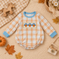 NEW RTS NO MOQ milk silk LR3138 Embroidery Pumpkins Turkey Baby Boys Long Sleeve Thanksgivings Checked Rompers