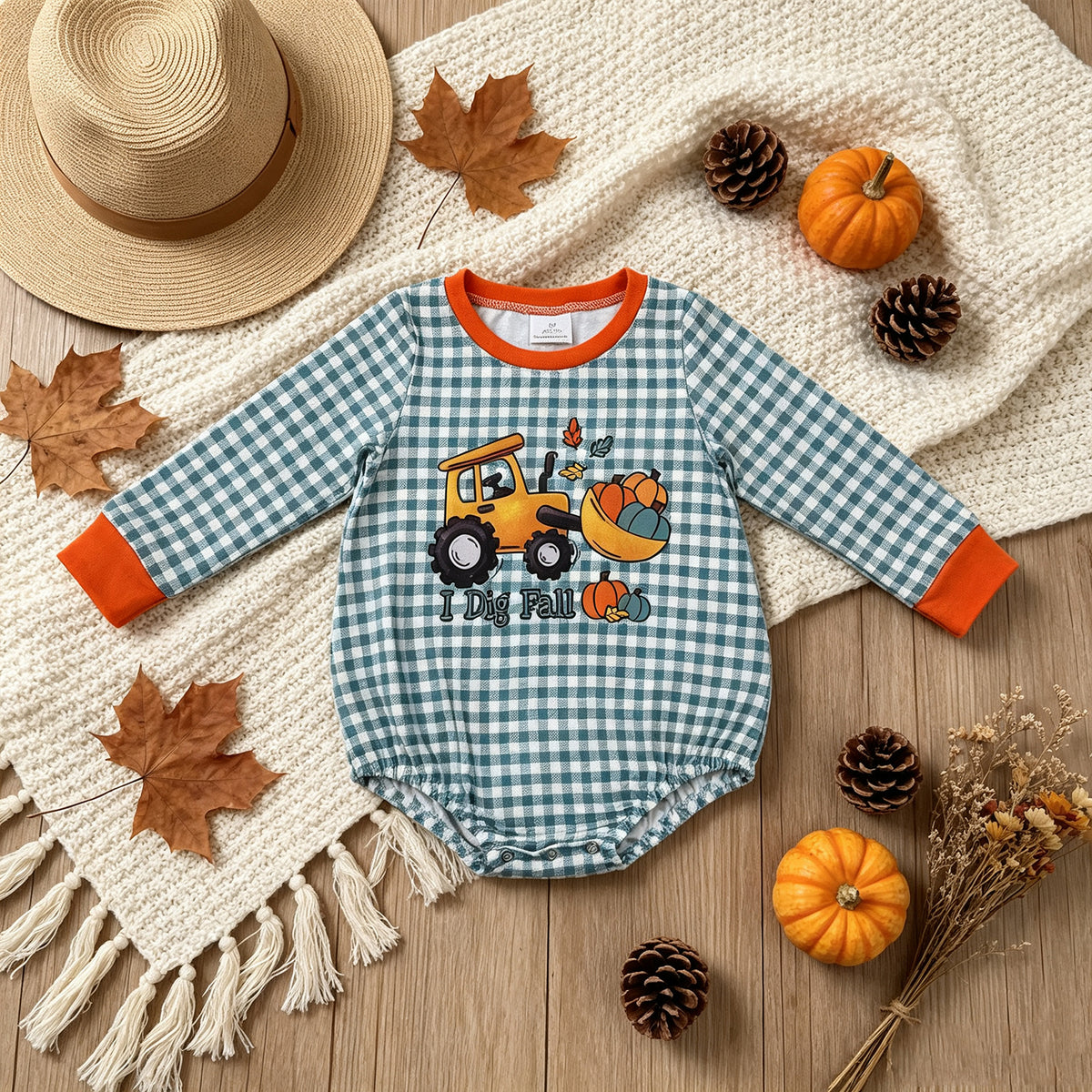 NEW RTS NO MOQ milk silk LR3237 Baby Boys Long Sleeve Green Checked Pumpkins Truck Fall Romper