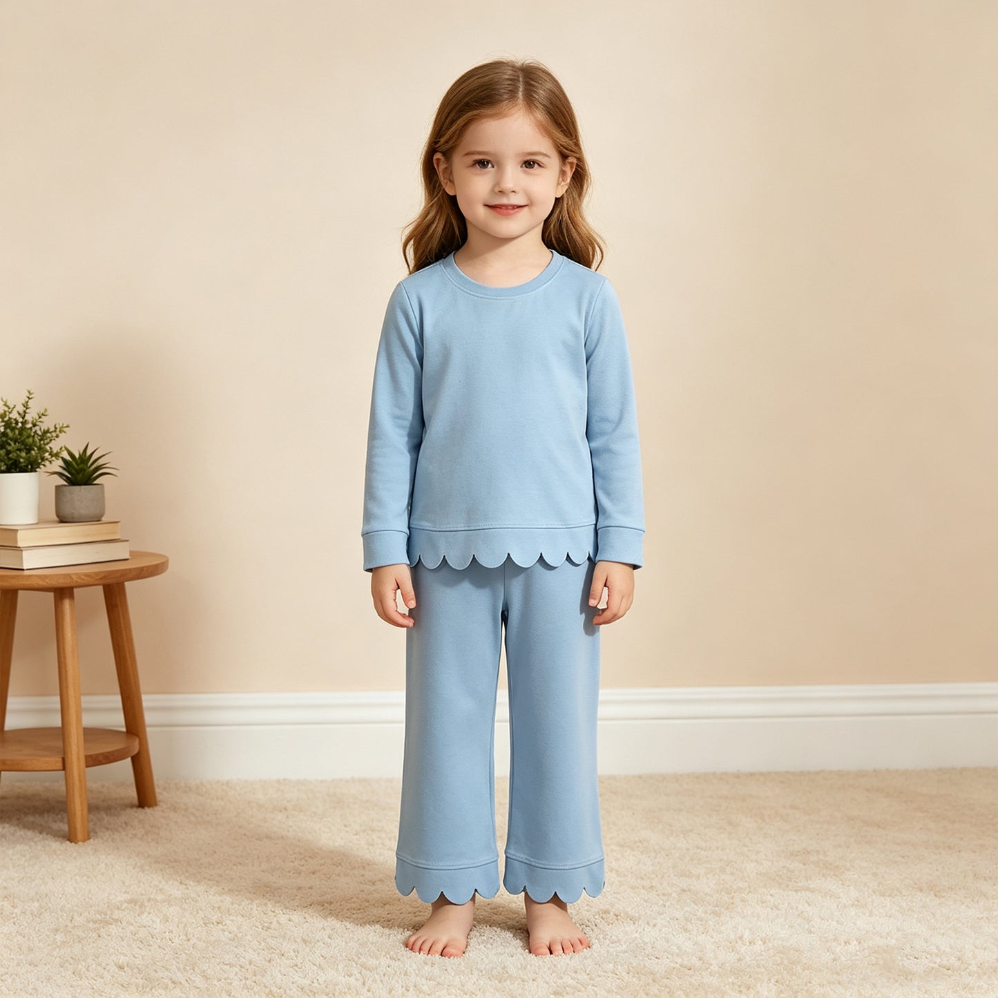 NEW RTS NO MOQ cotton GLP3292 Baby Girls Solid Light Blue Long Sleeve Top Scallop Trim Pants Pajamas Set