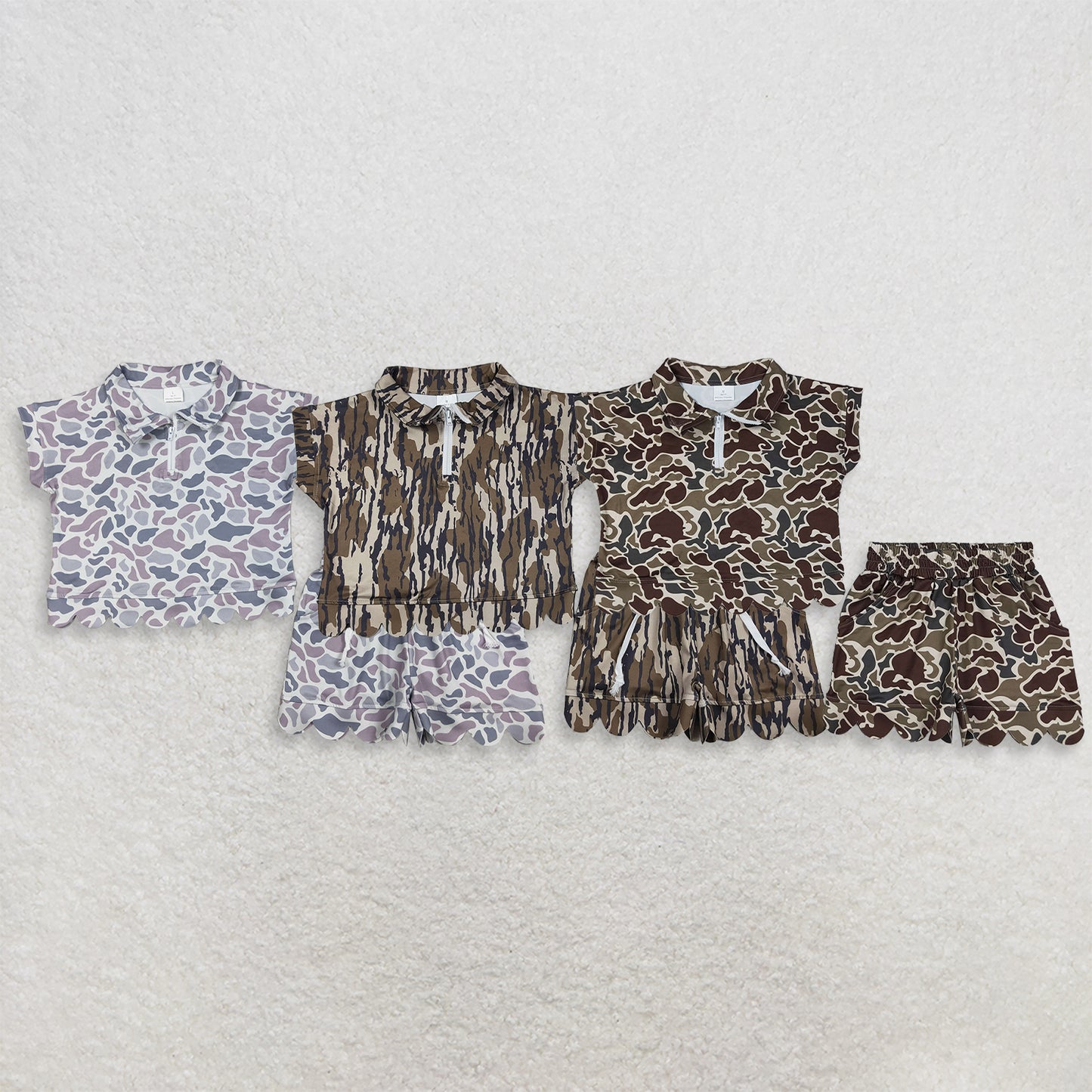 RTS NO MOQ Sibling milk silk Baby Girls Camo Print Zip Top Matching Scallop Edge Hem Shorts  Clothes Set