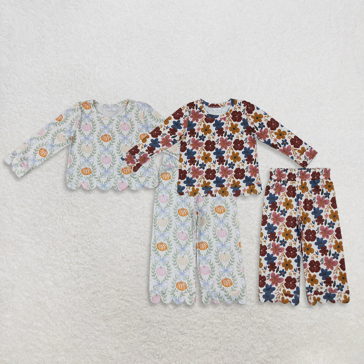 RTS NO MOQ Sibling milk silk Baby Girls Colorful Floral Print Ruffle Hoodie Flare Pant Outfit