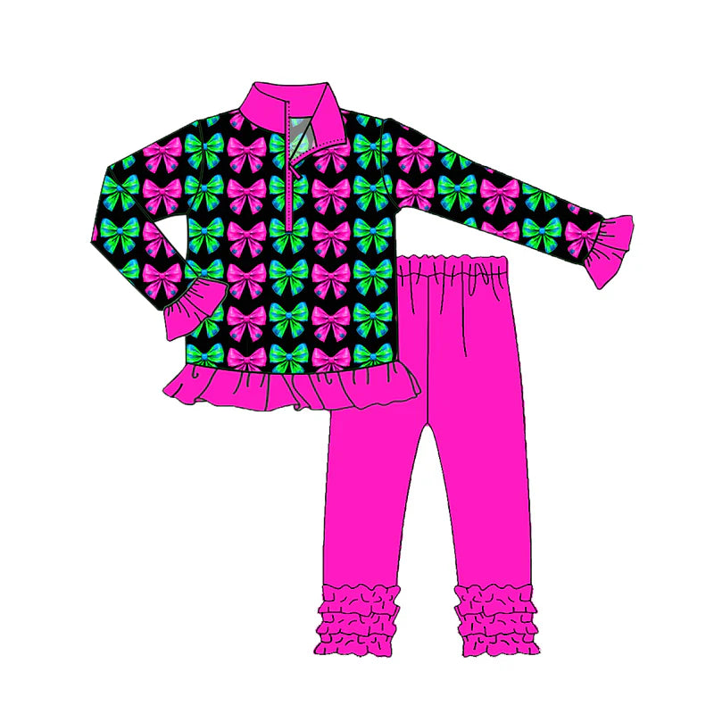 7.23Preorder (moq 5)Baby Girls Long Ruffle Sleeves Colorful Bows Plaid Zipper Top Legging Pants Set