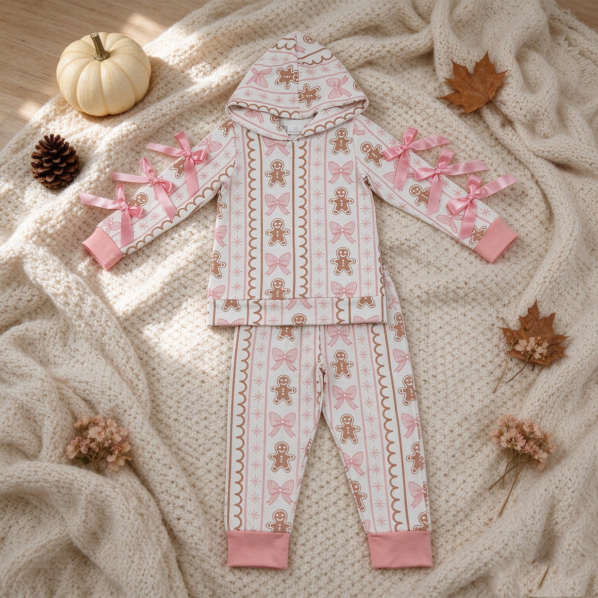 NEW RTS NO MOQ milk silk GLP3614 Baby Girls Bows Gingerbread Hoodie Pockets Jogger Christmas Clothes Set