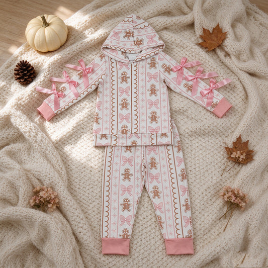 NEW RTS NO MOQ milk silk GLP3614 Baby Girls Bows Gingerbread Hoodie Pockets Jogger Christmas Clothes Set