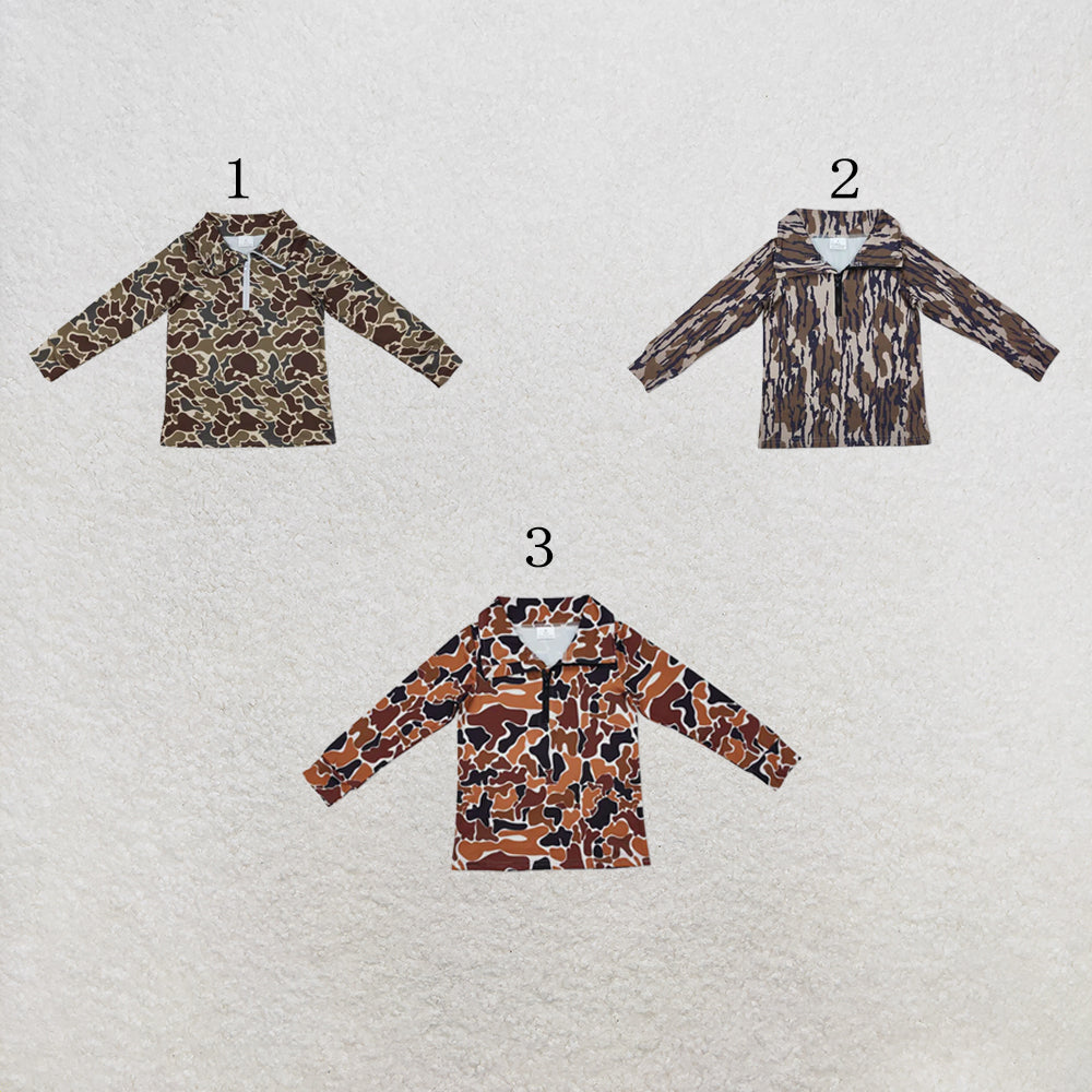 RTS NO MOQ Sibling milk silk Baby Boys Southern Dark Khaki Camo Zipper Pullovers Top