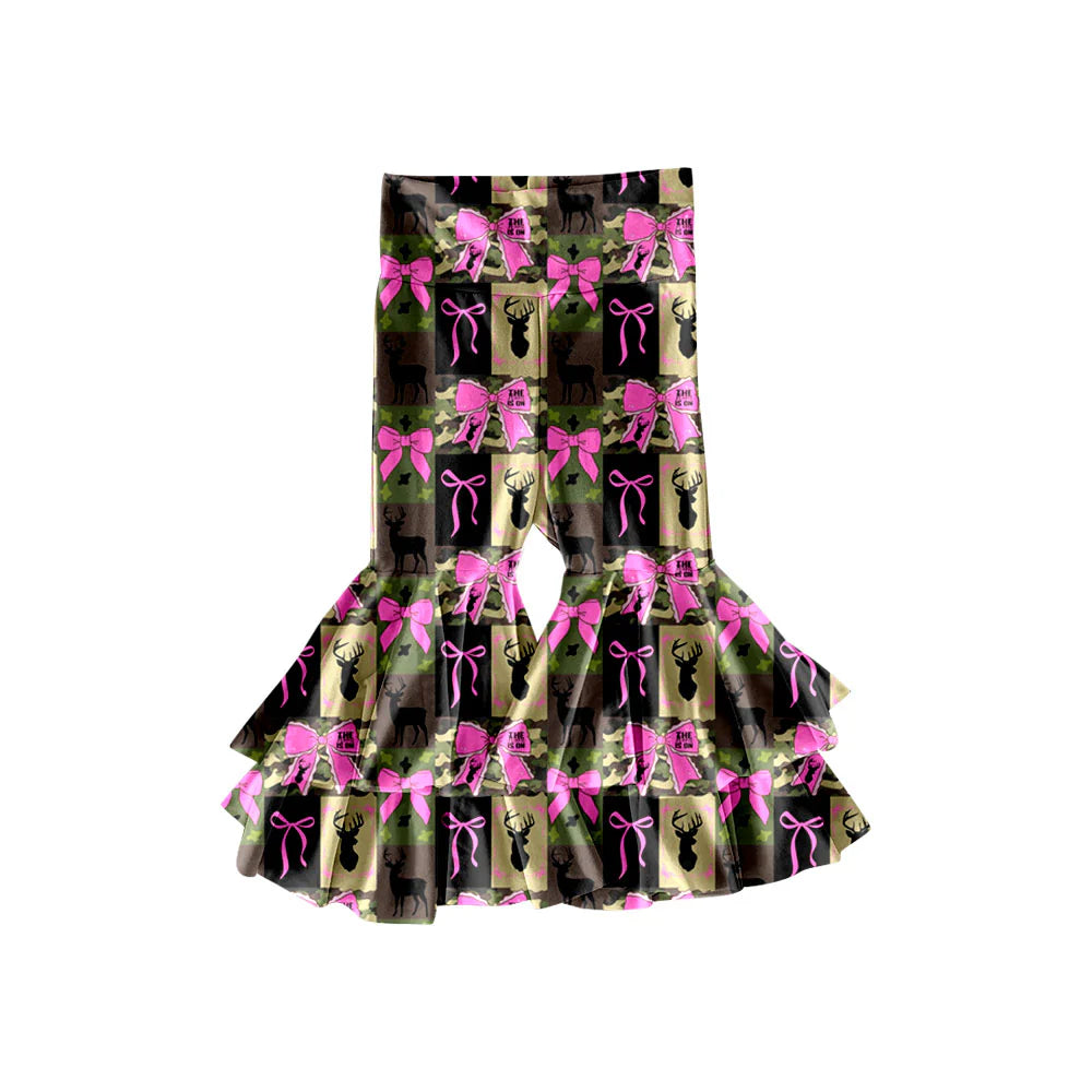 X1.14  Preorder (moq 5)Baby Girls Camo Deer Checked Bows Hunting Ruffle Bell Bottom Pants Bottom