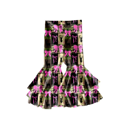 X1.14  Preorder (moq 5)Baby Girls Camo Deer Checked Bows Hunting Ruffle Bell Bottom Pants Bottom