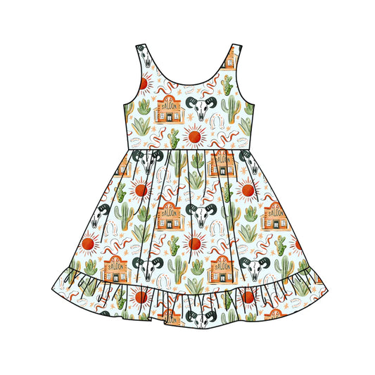 X12.15 Preorder (moq 5)Baby Girls Bull Skulls Cactus Western Ruffle Knee Length Dresses