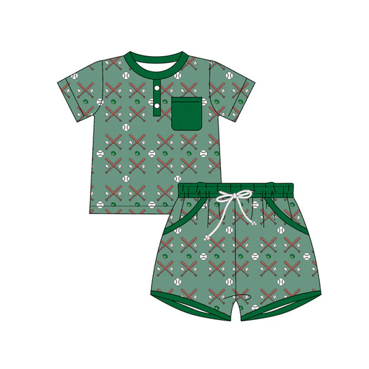 X12.20 Preorder (moq 5)Baby Boys Short Sleeve Baseball Button Top Pockets Shorts Team Clothes Set