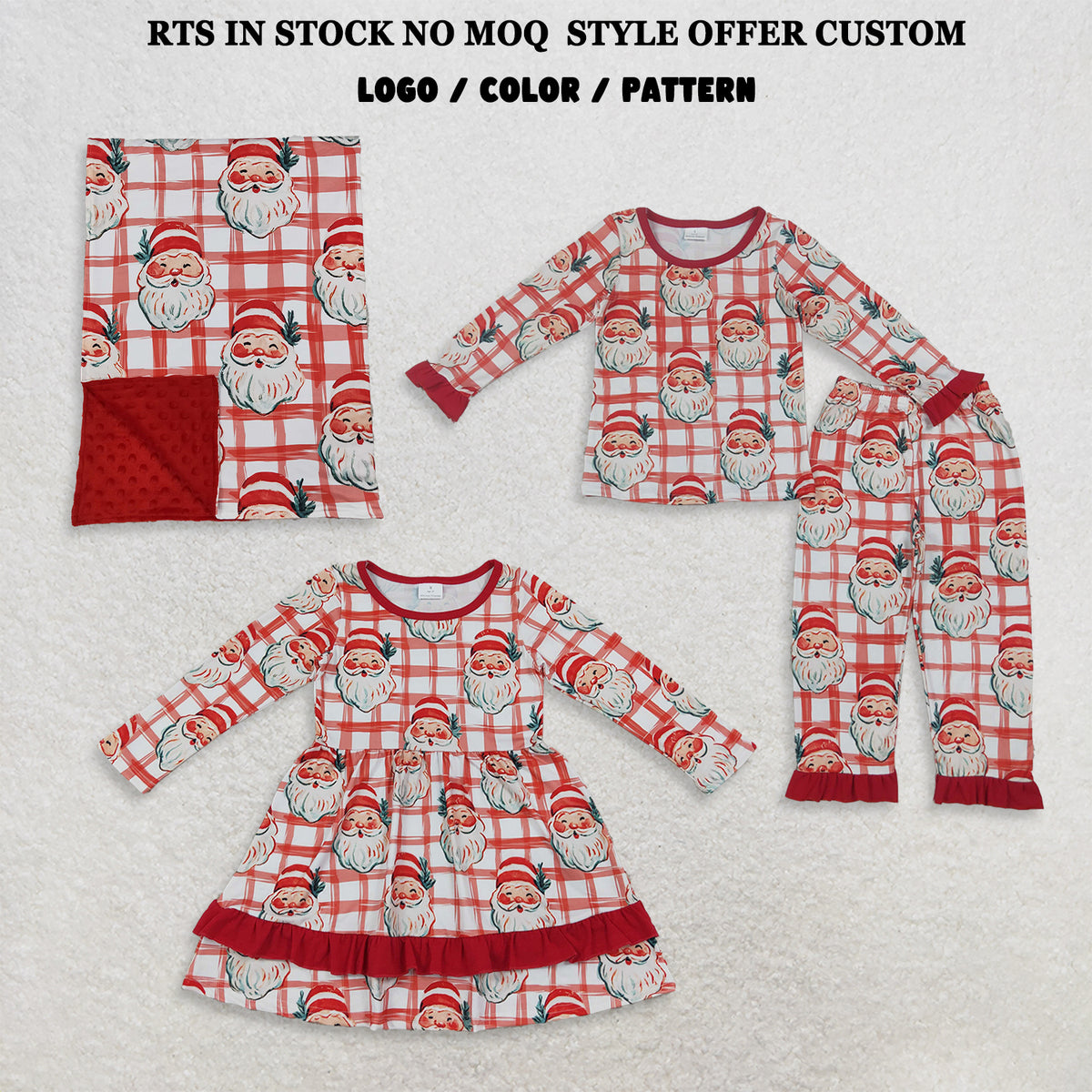 RTS NO MOQ Sibling Baby Girls Red Checked Santa Ruffle Pant Christmas Pajamas Set Dress Blanked