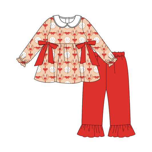 X8.15Girls Christmas Reindeer Bows Tunic Top Ruffle Pants Outfits Sets