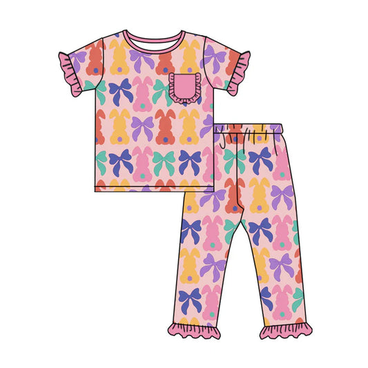 X923Preorder (moq 5)Baby Girls Colorful Bows Rabbits Top Ruffle Pants Easter Pajamas Sets