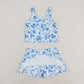 GSD0995 Blue floral white sleeveless culottes suit