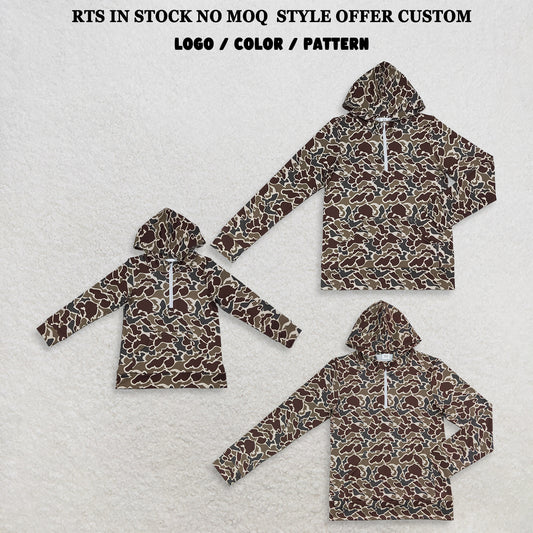 RTS NO MOQ Sibling Mama and Me Boys Long Sleeve Dark Khaki Camo Zip Pocket Hoodies Top