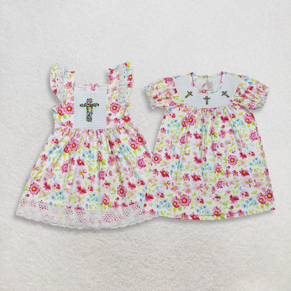 3.31 Sibling Baby Girls Smocked Floral Crosses Easter Knee Length Dresses