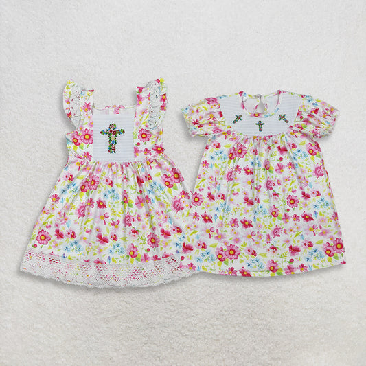 3.31 Sibling Baby Girls Smocked Floral Crosses Easter Knee Length Dresses