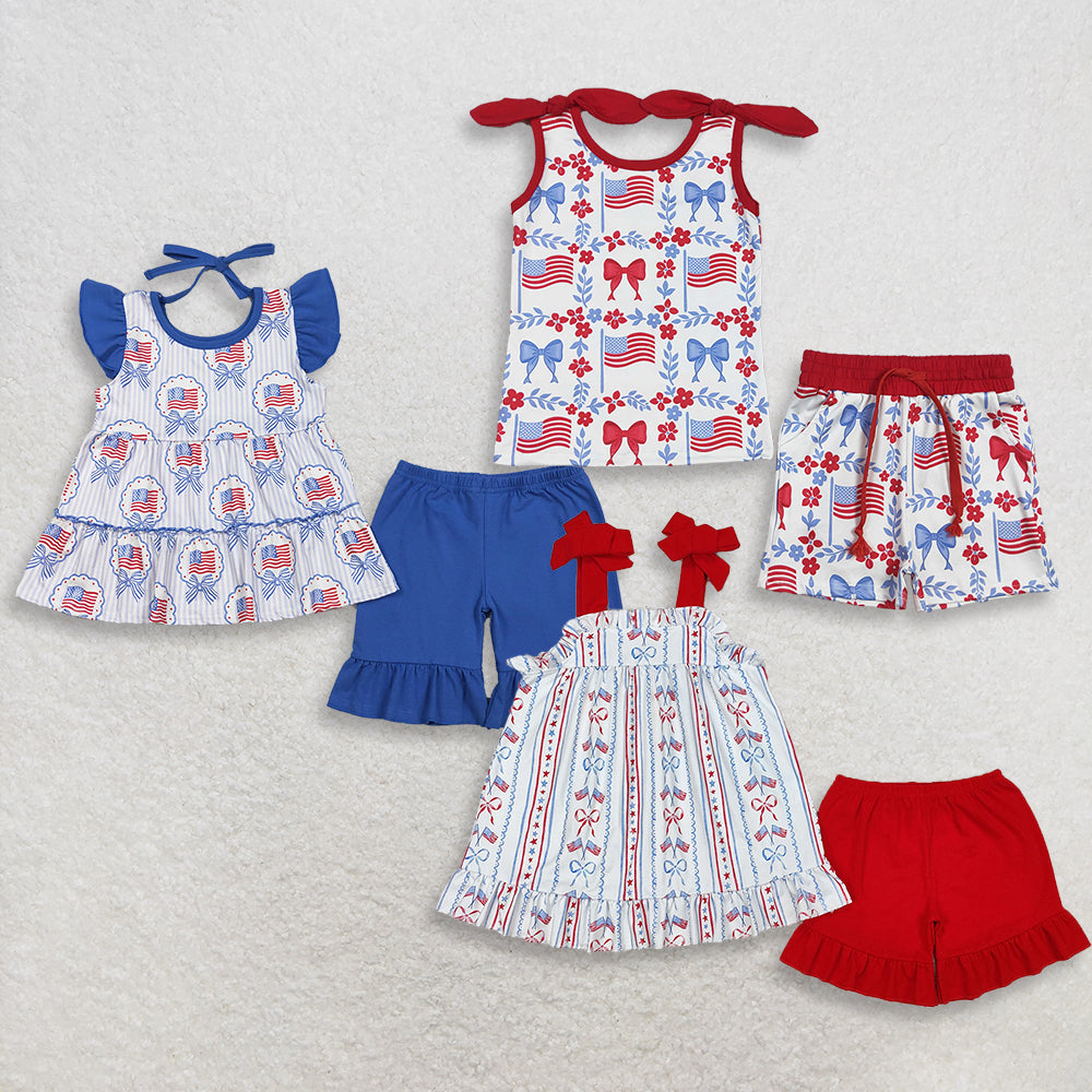 3.28 Sibling Baby Kids Sleeveless floral bow flag top shorts girls 4th of july outfits