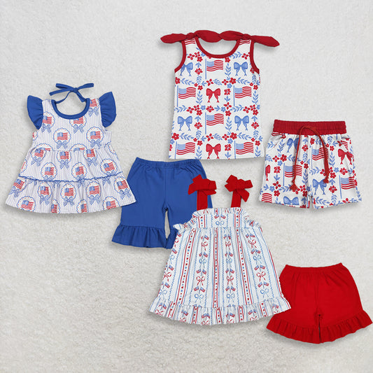 3.28 Sibling Baby Kids Sleeveless floral bow flag top shorts girls 4th of july outfits