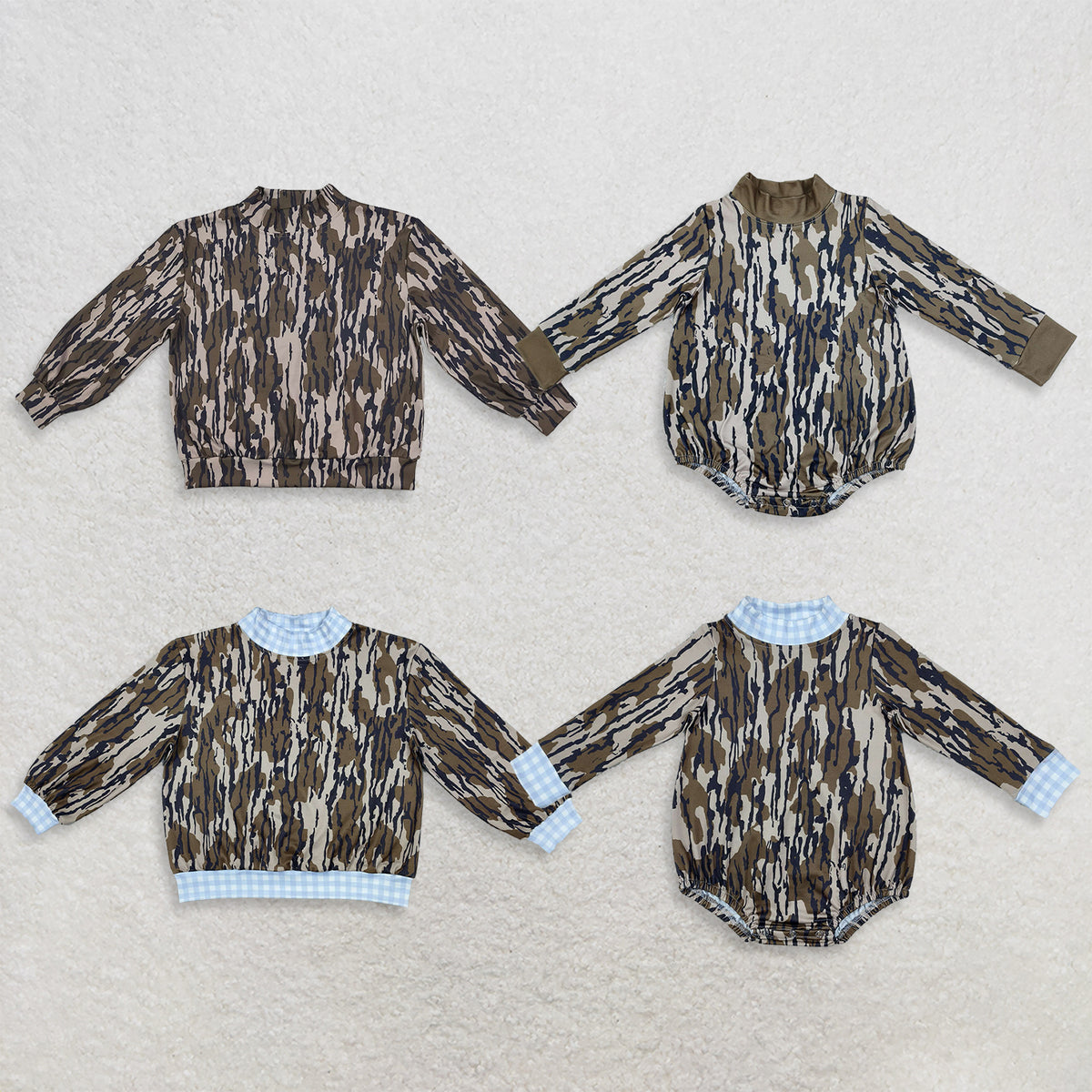 RTS NO MOQ Sibling milk silk High Neck Baby Boys And Girls Camo Long Sleeve Romper And Toddler Mock Neck Top（副本）